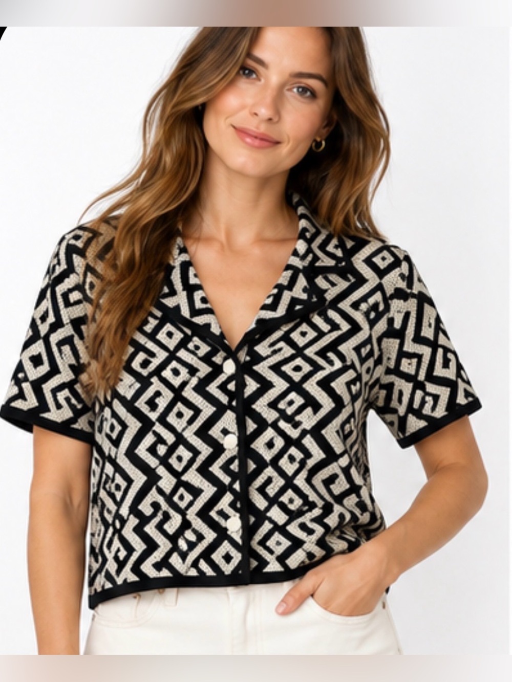 House of Harlow 1960 Geometric Knit Button Front Top Cardigan Black Cream M